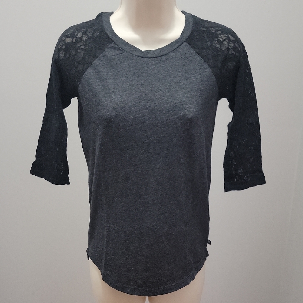 Victoria's Secret Charcoal Gray Top with Black Lace Raglan Sleeves